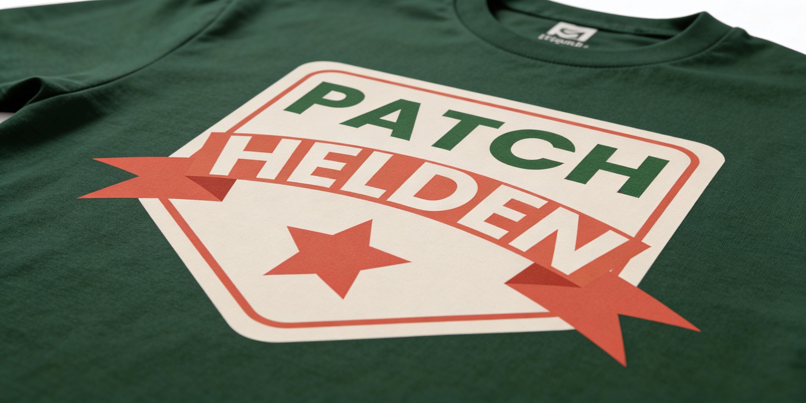 Ein mit dem PatchHelden Logo bedrucktes T-Shirt Flatlay